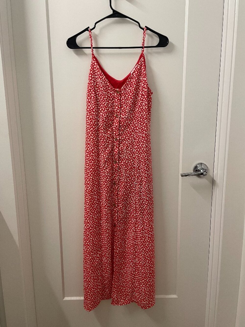 Red Polka Dot Button Front Midi Dress
